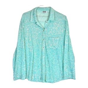 Porter Collective Aqua Sequin Button Up Shirt Oversized S